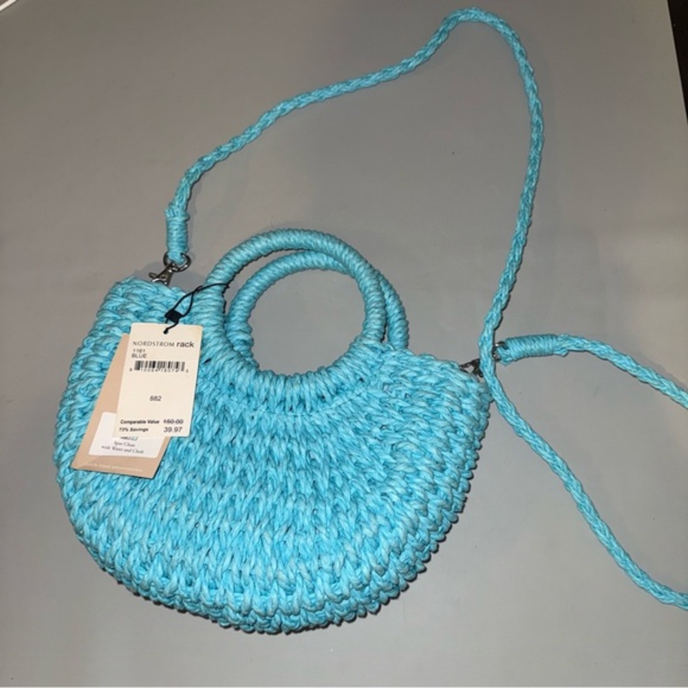 MW Woven Straw Mini Crossbody Bag Blue Ring Handle